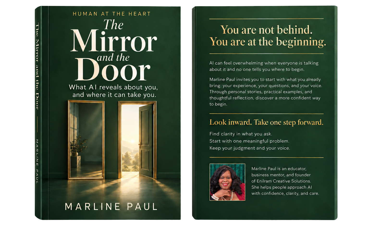 Full cover spread of The Mirror and the Door by Marline Paul: a green front cover with a golden mirror and an open door beside a back cover reading “You are not behind. You are at the beginning.”