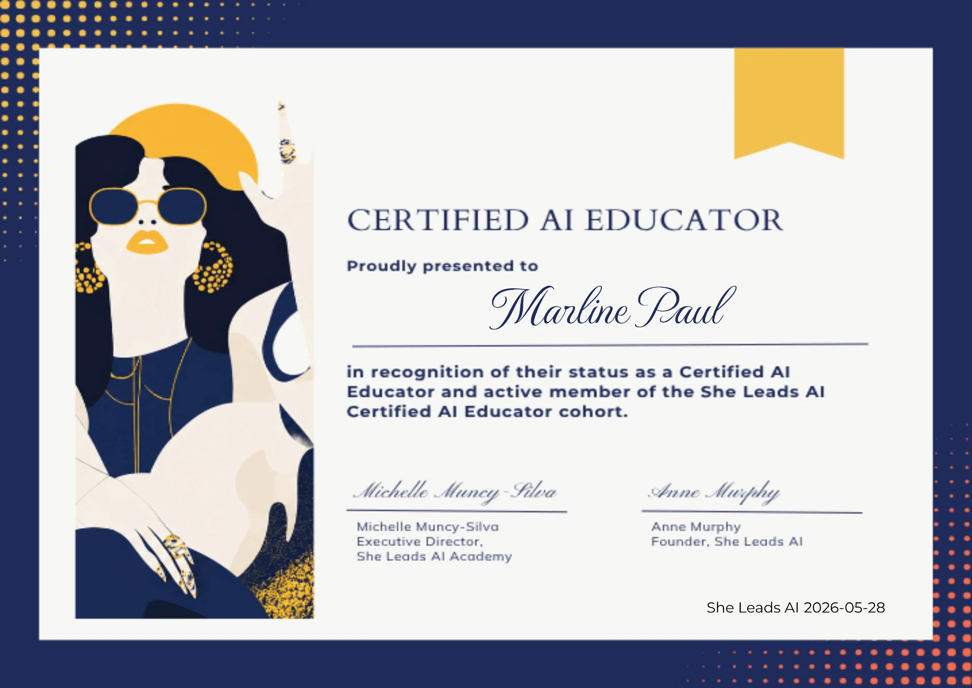 Certificate naming Marline Paul a Certified AI Educator in the She Leads AI Certified AI Educator cohort, signed by Michelle Muncy-Silva, Executive Director of She Leads AI Academy, and Anne Murphy, Founder of She Leads AI